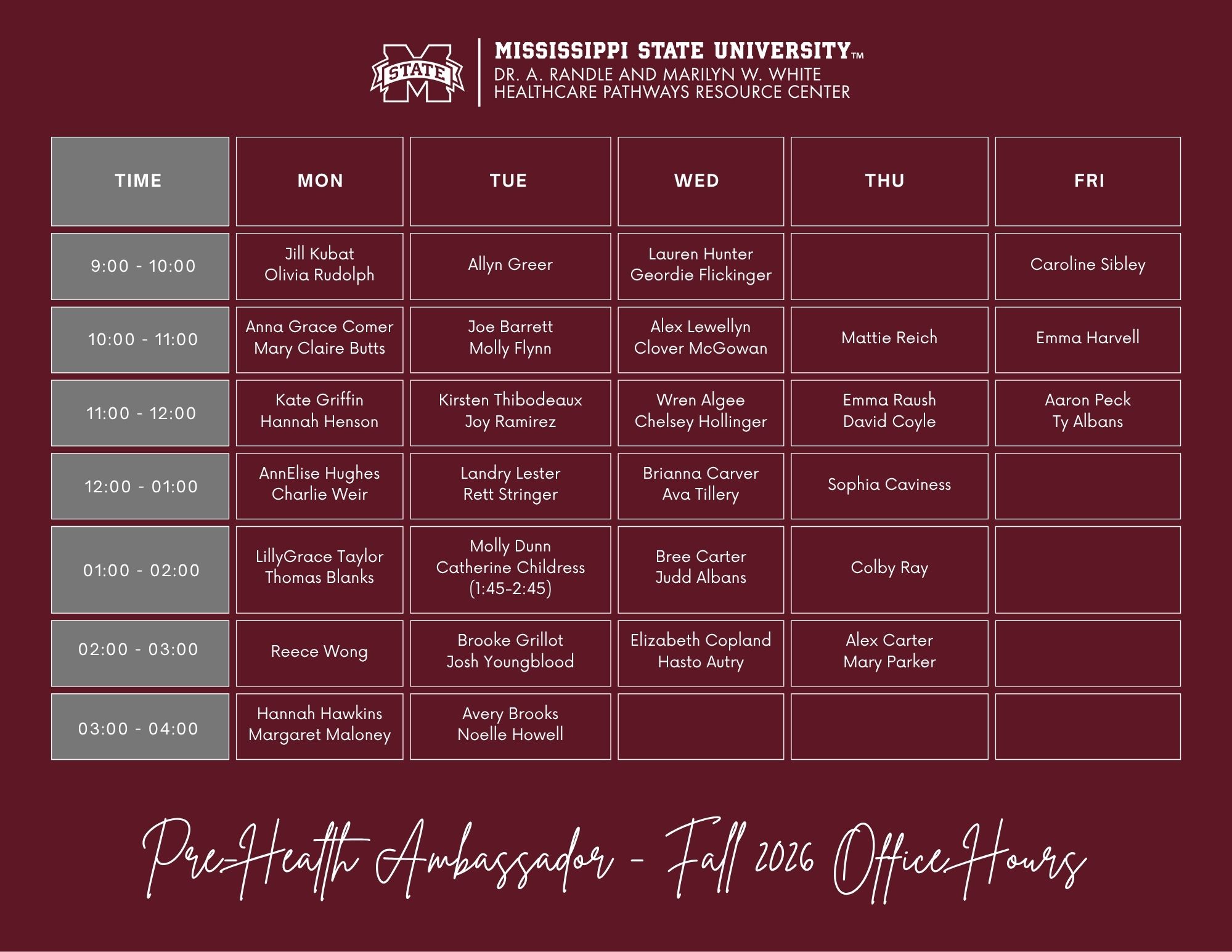 pre-health ambassador office hour schedule